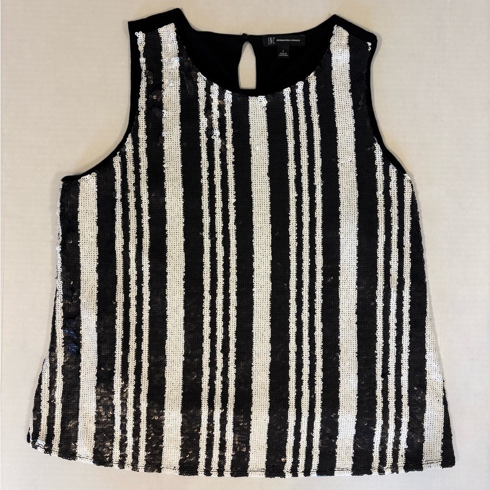INC International Concepts black & white sequine vertical striped top size L NWT